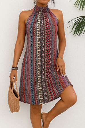 Modavera Kadın Kolsuz Boyundan Askılı Desenli Midi Süprem Elbise