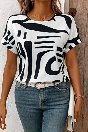 Modavera Kadın Kısa Kollu Yuvarlak Yaka Desenli Süprem Bluz