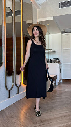 Modavera Kadın Askılı Yuvarlak Yakalı Viskon Elbise