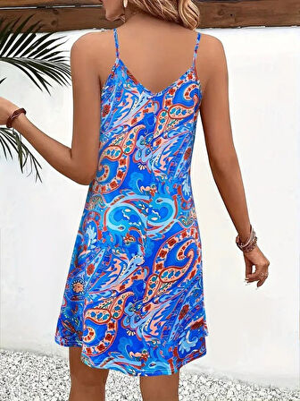 Modavera Kadın Ip Askılı V Yakalı Desenli Kısa Süprem Mini Elbise