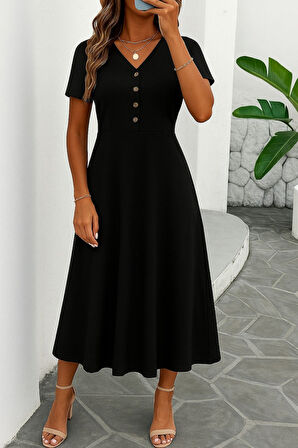 Modavera Kadın Kısa Kollu V Yakalı önden Düğmeli Yırtmaçlı Midi Viskon Elbise