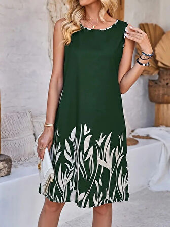 Modavera Kadın Askılı Yuvarlak Yakalı Yaprak Desenli Dalgıç Elbise