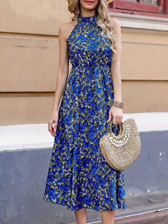 Modavera Kadın Omuzlardan Açık Daire Yaka Desenli Maxi Süprem Elbise