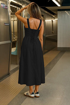 Modavera Kadın Askılı Geniş V Yakalı Sırttan Bağlamalı Yırtmaçlı Süprem Elbise