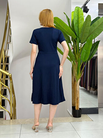 Modavera Kadın Kısa Kollu V Yakalı önden Düğmeli A Kesim Dokuma Elbise