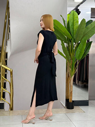 Modavera Kadın Kısa Kollu Yuvarlak Yaka Belden Bağcıklı önden Yırtmaçlı Aerobin Elbise