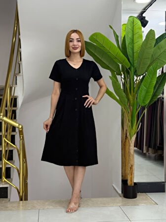 Modavera Kadın Kısa Kollu V Yakalı önden Düğmeli A Kesim Dokuma Elbise