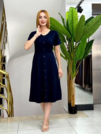 Modavera Kadın Kısa Kollu V Yakalı önden Düğmeli A Kesim Dokuma Elbise