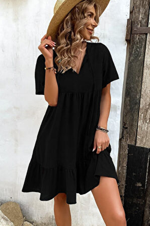 Modavera Kadın Kısa Kollu Yakası Bağcıklı önden Düğmeli Fırfır Desenli Süprem Elbise