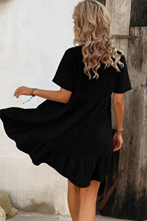 Modavera Kadın Kısa Kollu Yakası Bağcıklı önden Düğmeli Fırfır Desenli Süprem Elbise