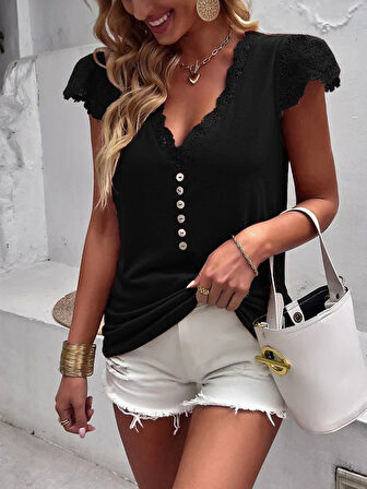 Modavera Kadın Kısa Kollu V Yakalı önü Düğmeli Viskon Bluz