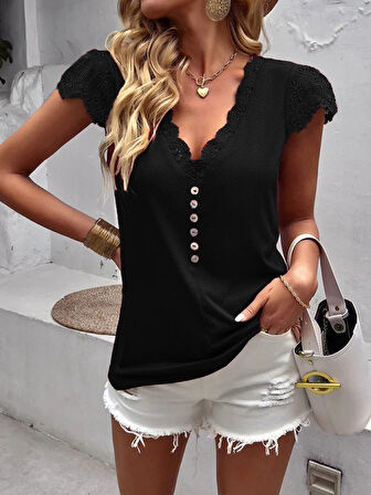 Modavera Kadın Kısa Kollu V Yakalı önü Düğmeli Viskon Bluz