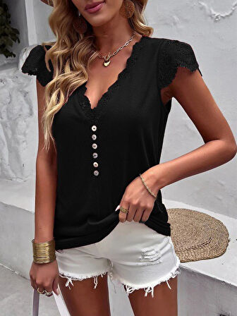 Modavera Kadın Kısa Kollu V Yakalı önü Düğmeli Viskon Bluz