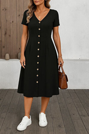 Modavera Kadın Kısa Kollu V Yakalı önden Düğmeli A Kesim Dokuma Elbise