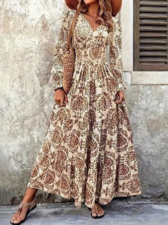 Modavera Kadın Uzun Kollu V Yakalı Desenli Süprem Elbise