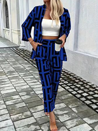 Modavera Kadın Uzun Kollu önü Açık Desenli Iki Iplik Ceket Ve Pantolon Ikili Takım