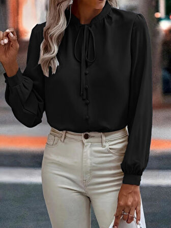 Modavera Kadın Uzun Kollu Yakalı Yakadan Bağcıklı Düğmeli Sandy Bluz