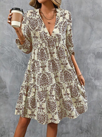 Modavera Kadın Uzun Kollu V Yakalı Fırfırlı Mini Süprem Elbise