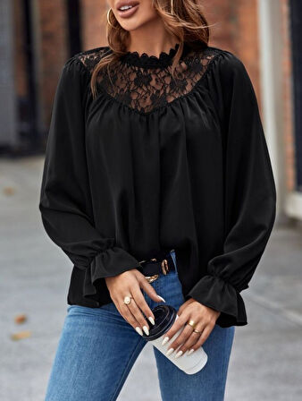 Modavera Kadın Uzun Kollu Dantelli Salaş Sandy Bluz