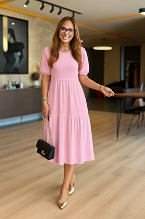 Modavera Kadın Kısa Kollu Yakası Açık Katlı Bürümcük Balon Elbise