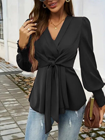 Modavera Kadın Uzun Kollu Kruvaze Yakalı önden Bağlamalı Ithal Krep Bluz