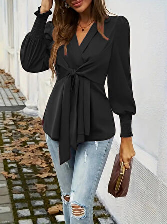 Modavera Kadın Uzun Kollu Kruvaze Yakalı önden Bağlamalı Ithal Krep Bluz