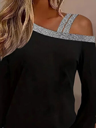 Modavera Kadın Uzun Kollu Omuzdan Askılı Sim Detaylı Viskon Iki Iplik Bluz