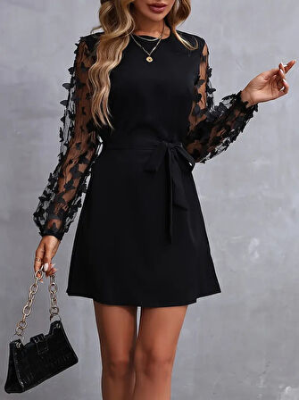 Modavera Kadın Uzun Kollu Bisiklet Yaka Kollar Tül Kelebek Detaylı Ithal Krep Elbise