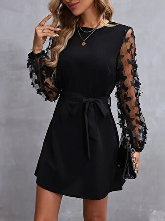 Modavera Kadın Uzun Kollu Bisiklet Yaka Kollar Tül Kelebek Detaylı Ithal Krep Elbise