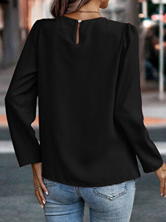 Modavera Kadın Uzun Kollu Yuvarlak önden Pileli Ithal Krep Bluz