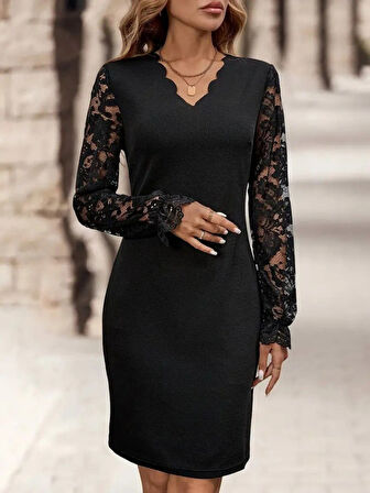 Modavera Kadın Uzun Kollu V Lazer Kesim Detaylı Kısa Ithal Krep Elbise