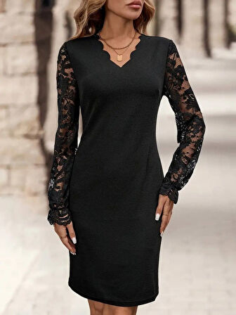 Modavera Kadın Uzun Kollu V Lazer Kesim Detaylı Kısa Ithal Krep Elbise