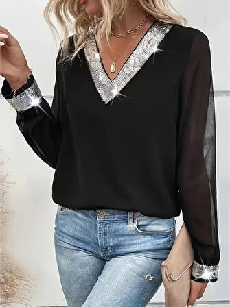 Modavera Kadın Uzun Kollu V Pulpayet Yakalı Ithal Krep Bluz