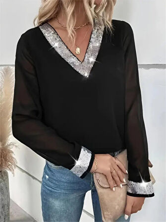 Modavera Kadın Uzun Kollu V Pulpayet Yakalı Ithal Krep Bluz