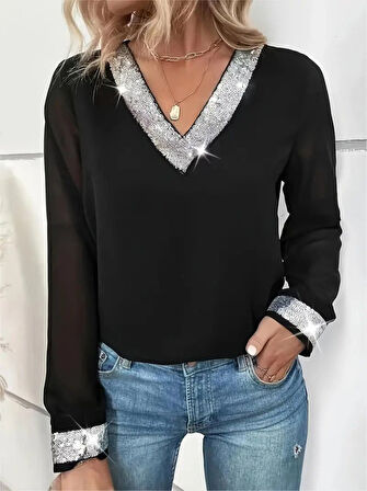 Modavera Kadın Uzun Kollu V Pulpayet Yakalı Ithal Krep Bluz