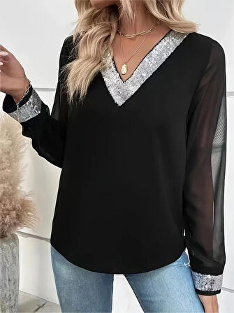 Modavera Kadın Uzun Kollu V Pulpayet Yakalı Ithal Krep Bluz