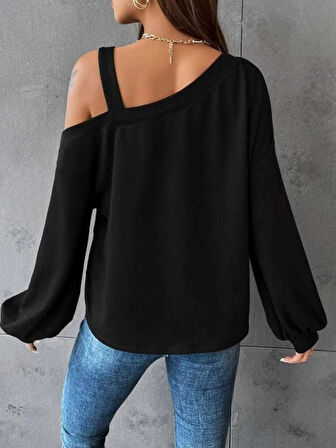 Modavera Kadın Uzun Kollu Tek Omuz Askı Detay Salaş Viskon Iki Iplik Bluz