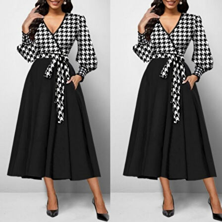 Modavera Kadın Uzun Kollu Kruvaze Yaka Dalgıç Krep Midi Boy Elbise