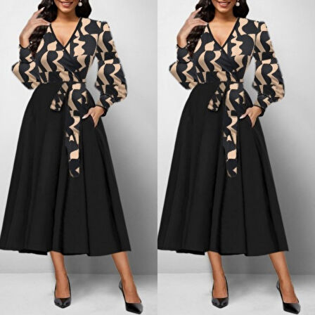 Modavera Kadın Uzun Kollu Kruvaze Yaka Dalgıç Krep Midi Boy Elbise