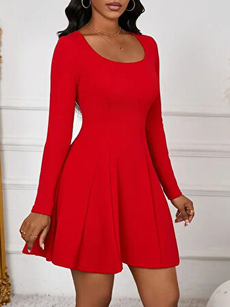 Modavera Kadın Uzun Kollu Kare Yakalı Mini Ithal Krep Elbise