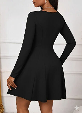 Modavera Kadın Uzun Kollu Kare Yakalı Mini Ithal Krep Elbise