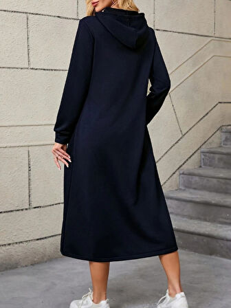 Modavera Kadın Uzun Kollu Kapşonlu Cep Detaylı Viskon Iki Iplik Maxi Elbise