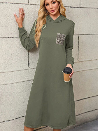 Modavera Kadın Uzun Kollu Kapşonlu Cep Detaylı Viskon Iki Iplik Maxi Elbise
