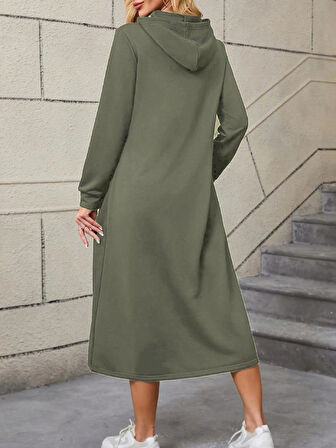 Modavera Kadın Uzun Kollu Kapşonlu Cep Detaylı Viskon Iki Iplik Maxi Elbise