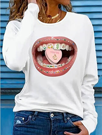 Modavera Kadın Uzun Kollu Bisiklet Yaka Baskılı Viskon Bluz