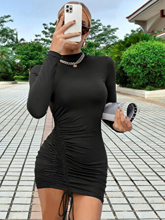 Modavera Kadın Uzun Kol Sağ Belden Sol Etek Ucuna Doğru Hafif çapraz Büzgülü Sandy Mini Boy Elbise