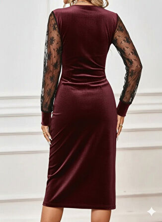 Modavera Kadın Uzun Kollu Kruvaze Yakalı Yandan Düğmeli önden çapraz Kesin Detaylı Midi Kadife Elbise