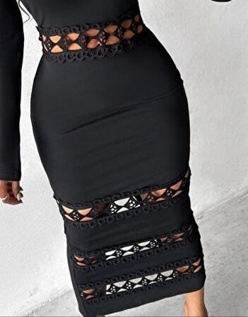 Modavera Kadın Uzun Kollu Madonna Dantel Yaka Yırtmaçlı Midi Dalgıç Elbise