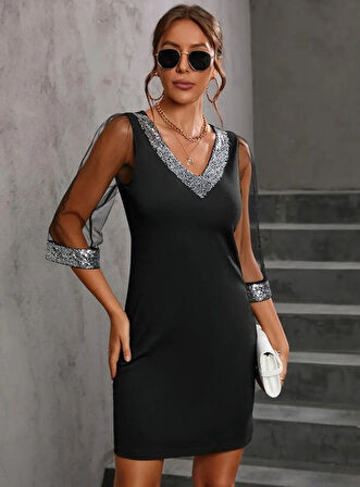 Modavera Kadın Uzun Kollu V Yaka Ve Kol Ucu Pul Payet Krep Elbise