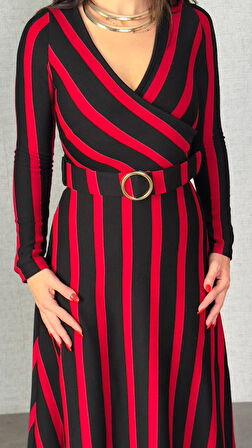 Modavera Kadın Uzun Kollu Kruvaze Yaka Kemer Dahil çizgili Triko Elbise